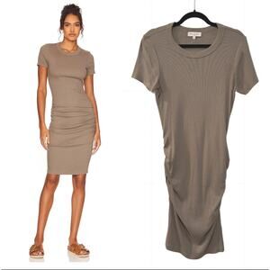 NEW! Revolve Michael Stars L Katie Midi Dress Stretch Cotton Jersey Ruched Olive